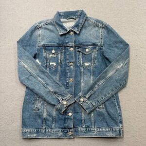 Zara 1975 Trucker Jacket Women's Medium Blue Denim Classic Fit Distressed Cowboy